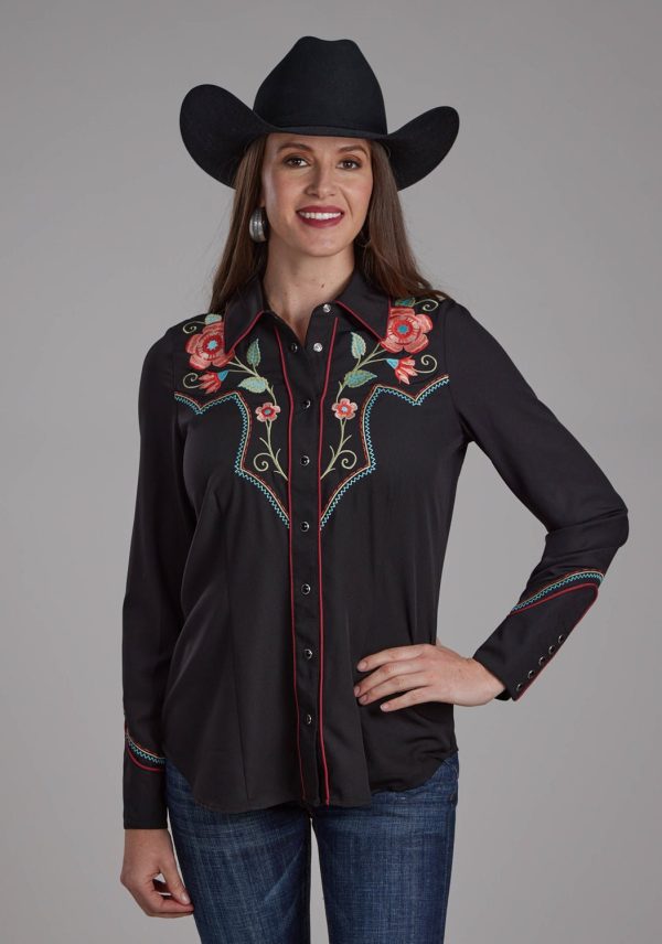 Roper Womens Red Floral Retro Black Polyester L S Shirt For Sale