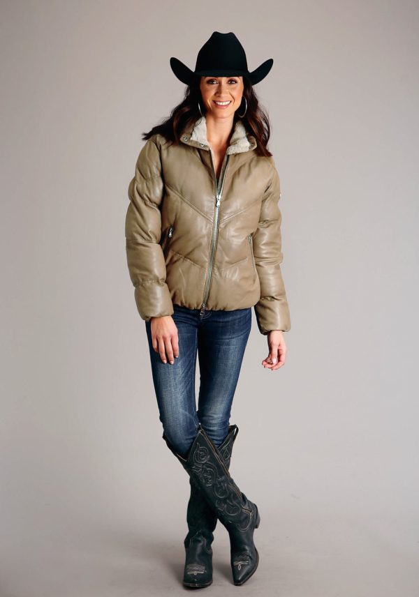 Stetson Womens Puffy Chevron Tan Leather Leather Jacket on Sale - Image 2
