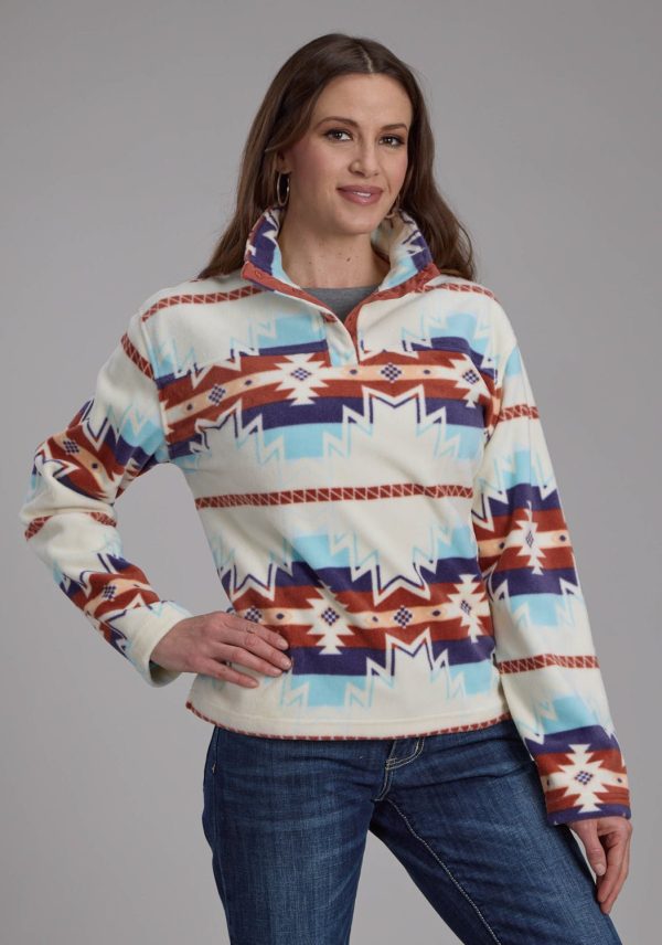 Roper Womens Large Aztec Print Cream Blue 100% Polyester Fleece Jacket Cheap