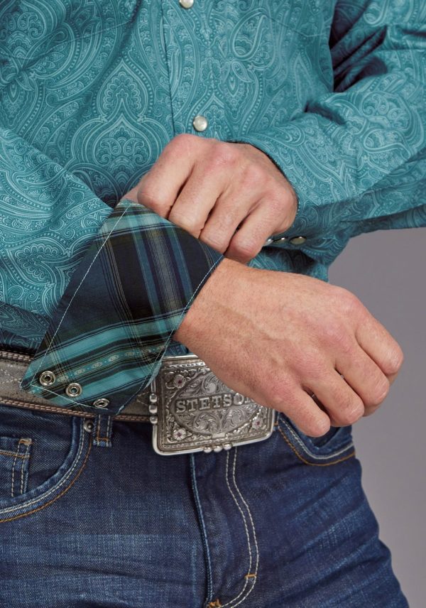 Stetson Mens Aquamarine Paisley Blue 100% Cotton L S Shirt For Sale - Image 3