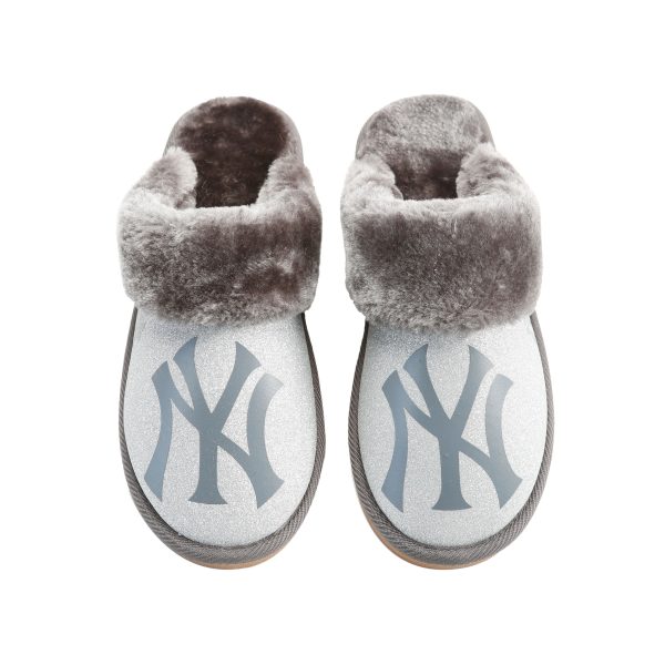 New York Yankees MLB Womens Glitter Open Back Fur Moccasin Slippers Online Sale - Image 2