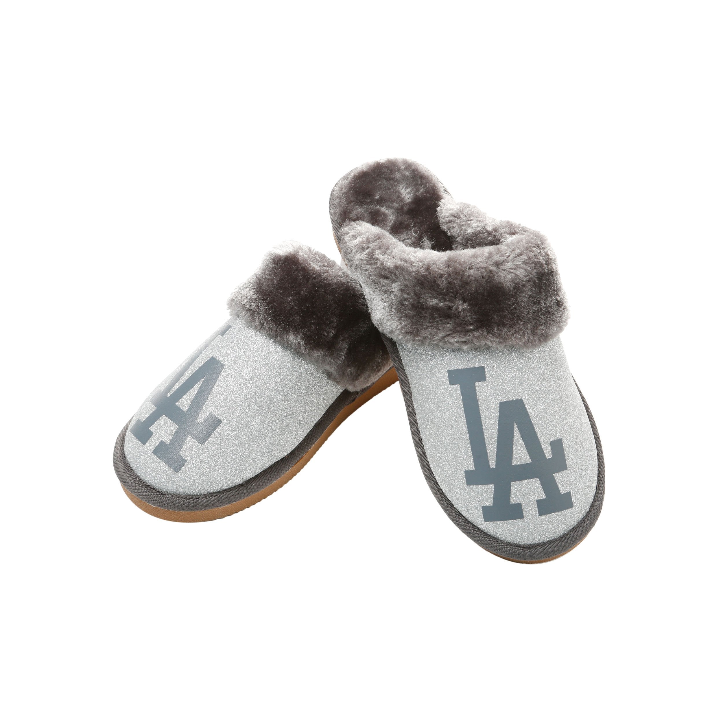 Los Angeles Dodgers MLB Womens Glitter Open Back Fur Moccasin Slippers Hot on Sale