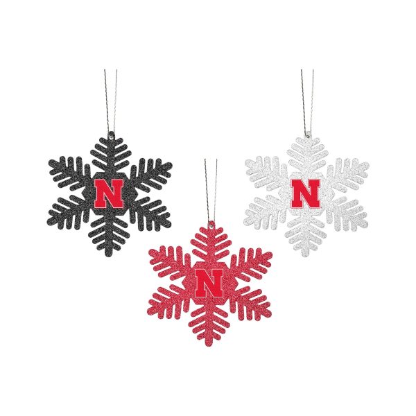 Nebraska Cornhuskers NCAA 3 Pack Metal Glitter Snowflake Ornament Sale